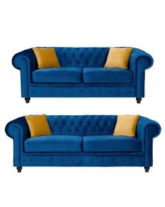 Hilton Chesterfield Style 3+2 Seater Sofa Set Blue French Velvet Fabric 