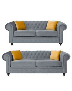 Hilton Chesterfield Style 3+2 Seater Sofa Set Grey French Velvet Fabric 